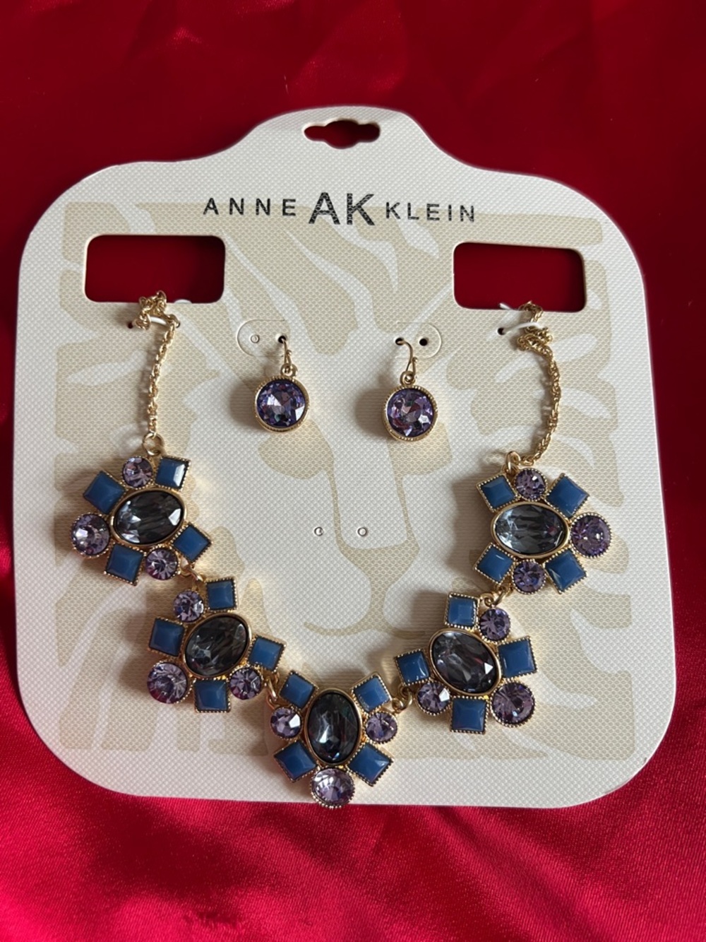 Anne Klein Blue and Purple Floral Cluster Necklace with Matching Earrings